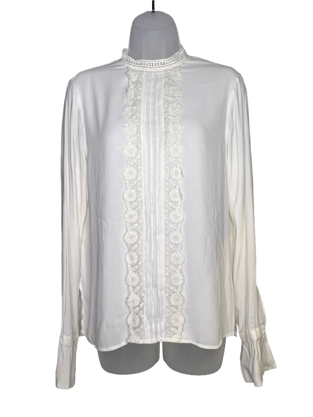 White Lace-Trim High-Neck Blouse Cottagecore Victorian Women's 6